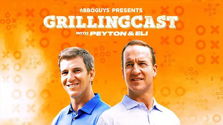Two men are smiling for a picture on the cover of a grilling podcast.