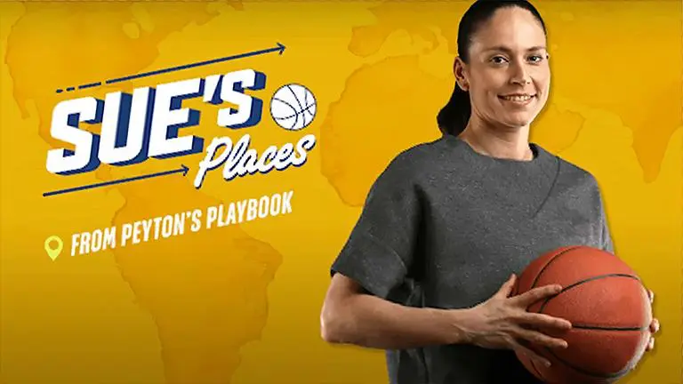 A woman holding a football in front of the name " she 's places ".