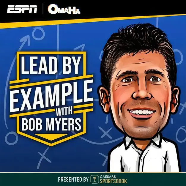 A cartoon of an espn character with the caption " lead by example with bob myers ".