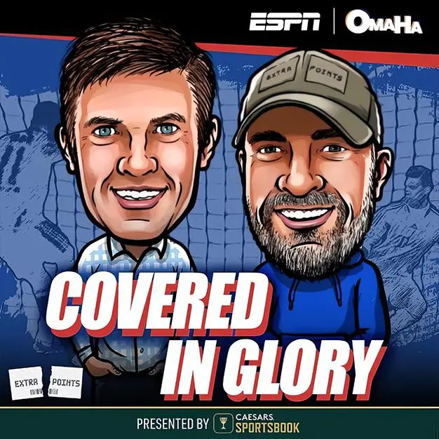A cartoon of two men with the words covered in glory